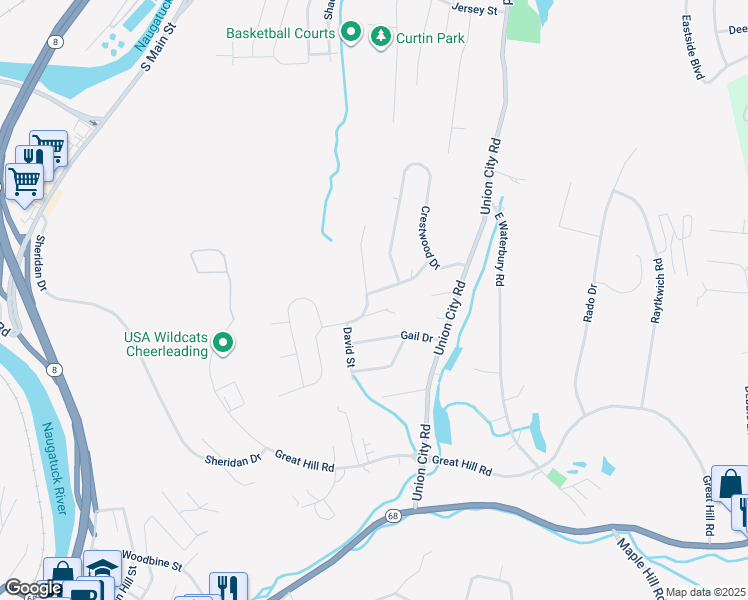 map of restaurants, bars, coffee shops, grocery stores, and more near 41 Pondview Drive in Naugatuck