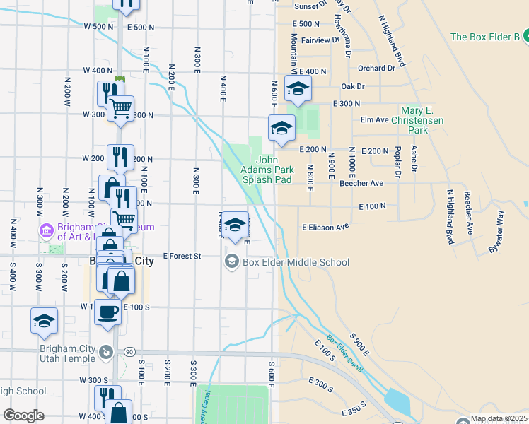 map of restaurants, bars, coffee shops, grocery stores, and more near 520 E 100 N in Brigham City