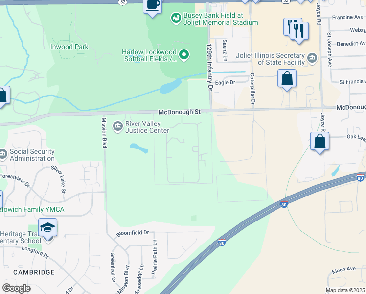 map of restaurants, bars, coffee shops, grocery stores, and more near 2848 McDonough Street in Joliet