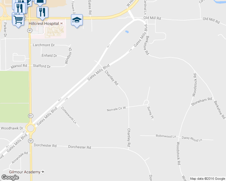 map of restaurants, bars, coffee shops, grocery stores, and more near 1742 Chartley Road in Gates Mills