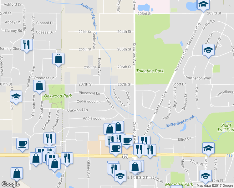 map of restaurants, bars, coffee shops, grocery stores, and more near 729 Carnation Lane in Matteson