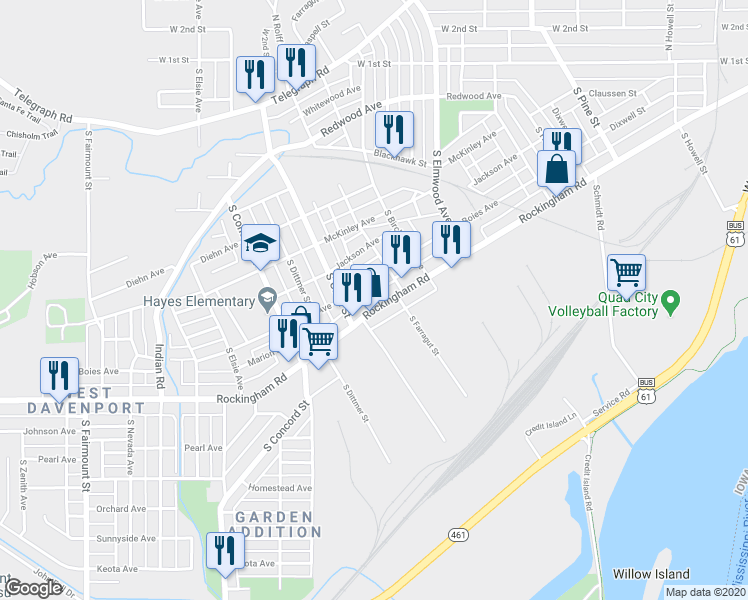 map of restaurants, bars, coffee shops, grocery stores, and more near 2728 Rockingham Rd in Davenport