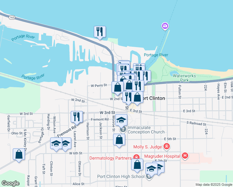 map of restaurants, bars, coffee shops, grocery stores, and more near 123 Monroe Street in Port Clinton