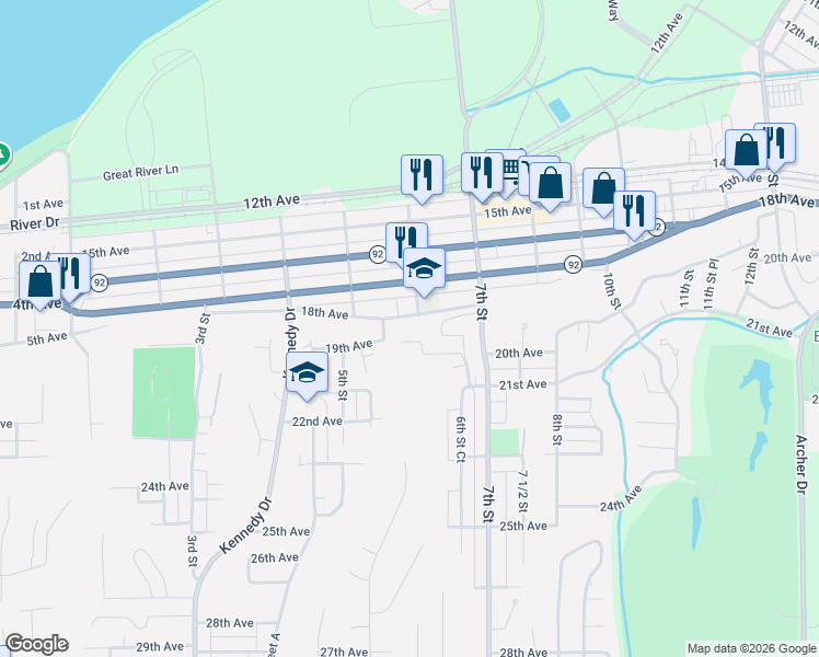map of restaurants, bars, coffee shops, grocery stores, and more near 623 20th Avenue Court in East Moline