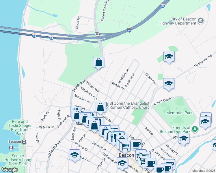 map of restaurants, bars, coffee shops, grocery stores, and more near 65 Cross Street in Beacon