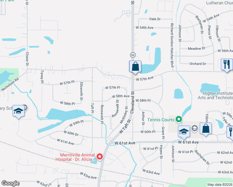 map of restaurants, bars, coffee shops, grocery stores, and more near 2198 West 58th Avenue in Merrillville