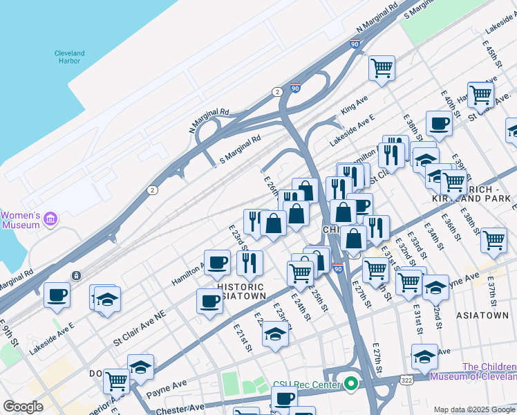 map of restaurants, bars, coffee shops, grocery stores, and more near Lakeside Avenue East in Cleveland