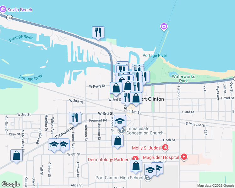 map of restaurants, bars, coffee shops, grocery stores, and more near 123 Monroe Street in Port Clinton