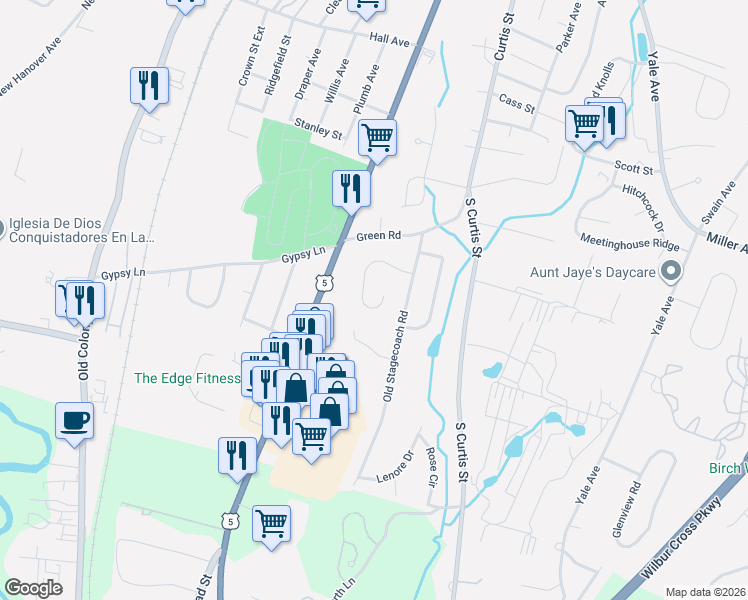 map of restaurants, bars, coffee shops, grocery stores, and more near 110 Ione Drive in Meriden