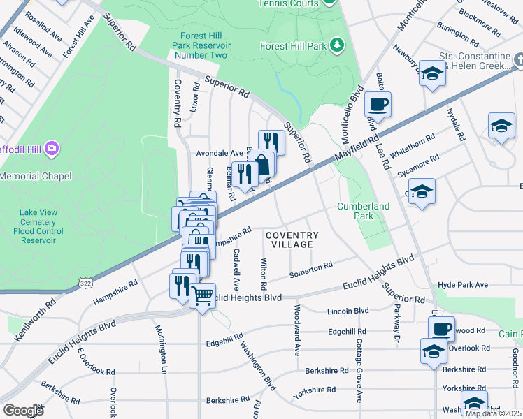 map of restaurants, bars, coffee shops, grocery stores, and more near 2888 Mayfield Road in Cleveland Heights