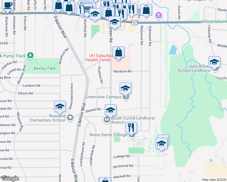map of restaurants, bars, coffee shops, grocery stores, and more near 1745 South Green Road in South Euclid