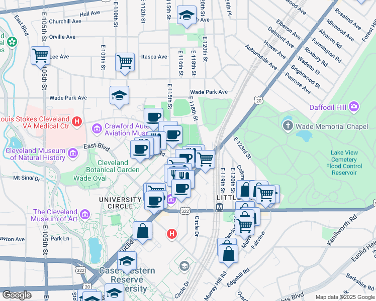 map of restaurants, bars, coffee shops, grocery stores, and more near 1672 East 117th Street in Cleveland