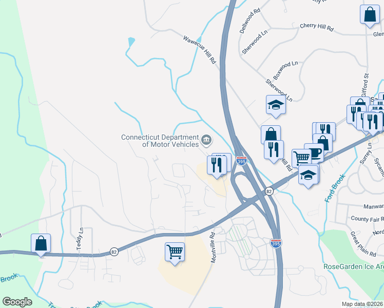 map of restaurants, bars, coffee shops, grocery stores, and more near 218 Laura Boulevard in Norwich