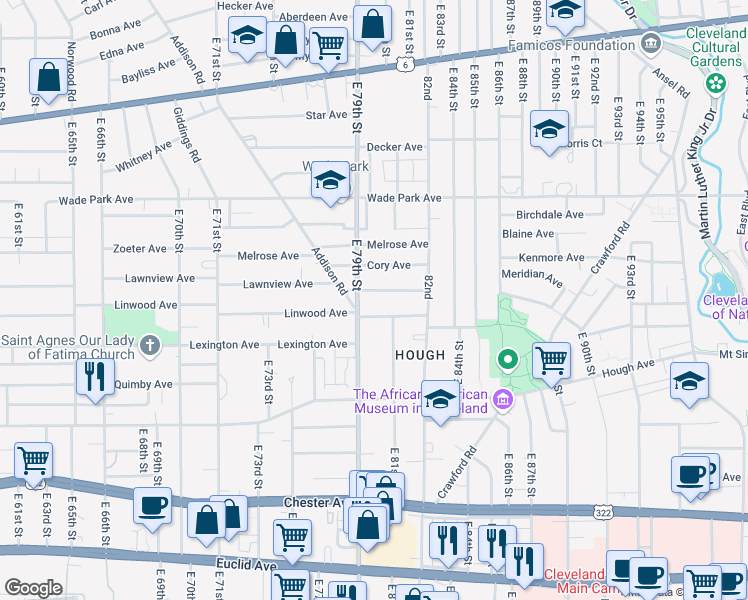 map of restaurants, bars, coffee shops, grocery stores, and more near 8008 Whitethorn Avenue in Cleveland