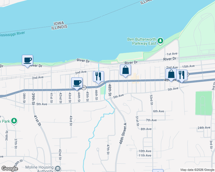map of restaurants, bars, coffee shops, grocery stores, and more near 416 48th St in Moline