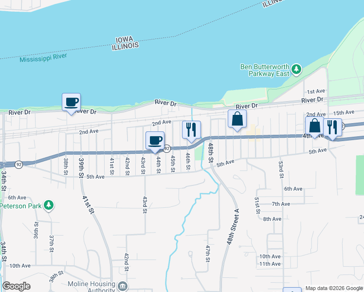 map of restaurants, bars, coffee shops, grocery stores, and more near 4519 4th Avenue in Moline