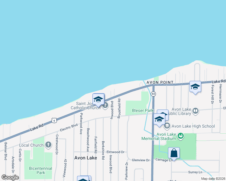 map of restaurants, bars, coffee shops, grocery stores, and more near 32894 Lake Road in Avon Lake