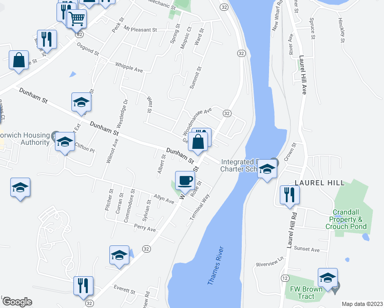 map of restaurants, bars, coffee shops, grocery stores, and more near 17 Dunham Street in Norwich