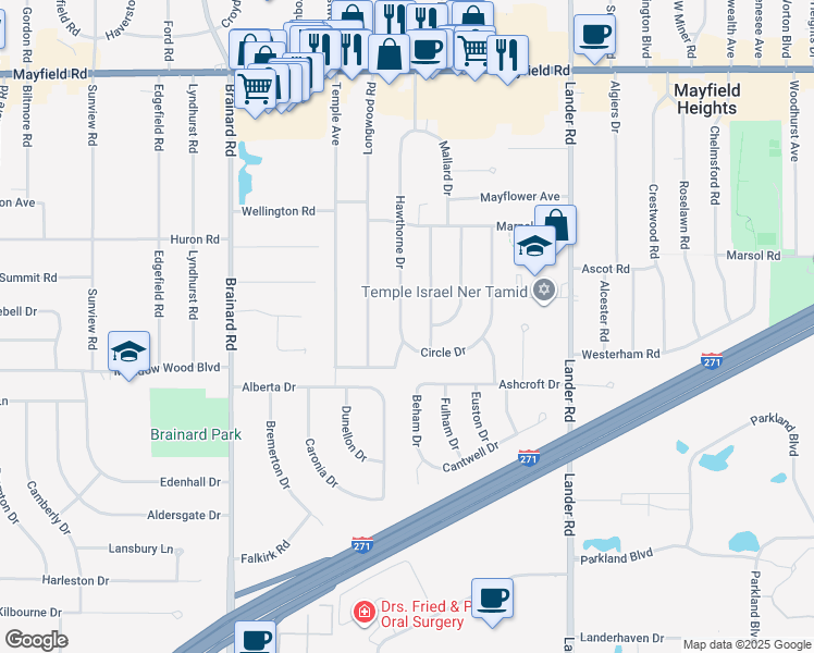 map of restaurants, bars, coffee shops, grocery stores, and more near 1725 Hawthorne Drive in Mayfield Heights