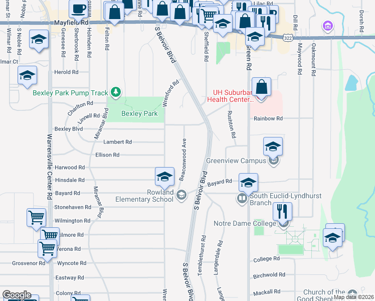 map of restaurants, bars, coffee shops, grocery stores, and more near 1735 Beaconwood Avenue in South Euclid