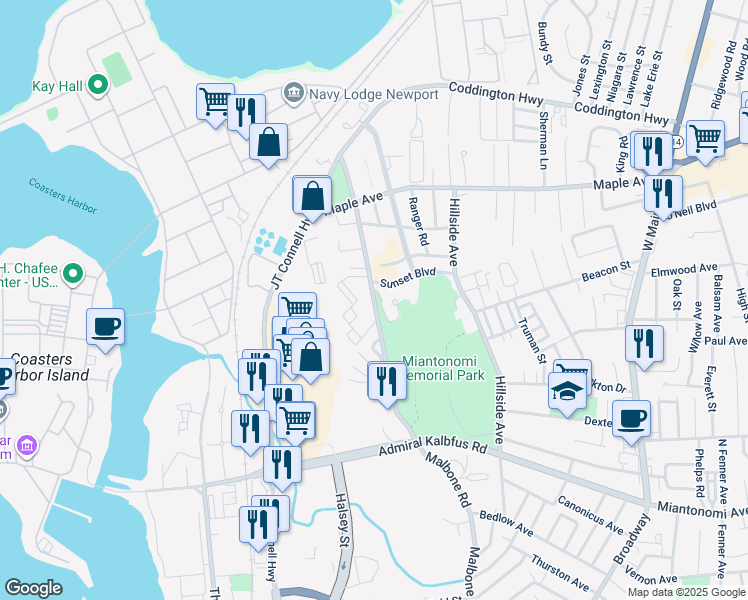 map of restaurants, bars, coffee shops, grocery stores, and more near Girard Avenue in Newport