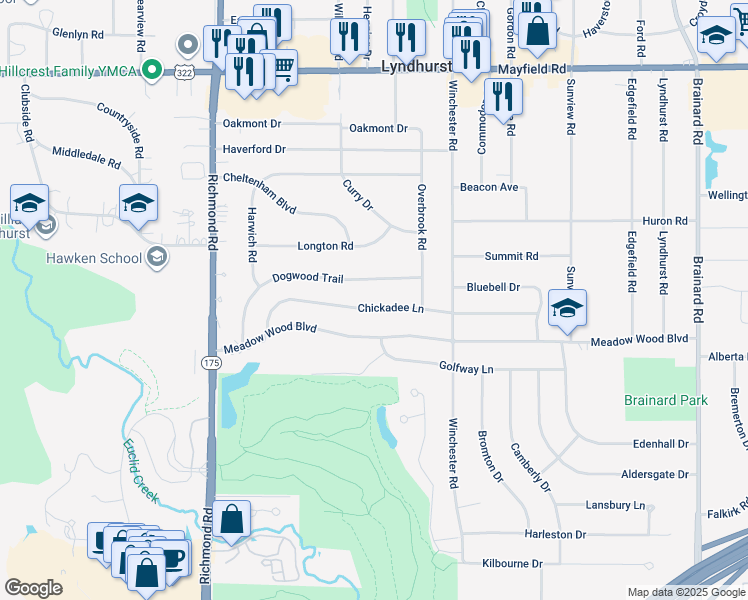 map of restaurants, bars, coffee shops, grocery stores, and more near 5245 Chickadee Ln in Lyndhurst