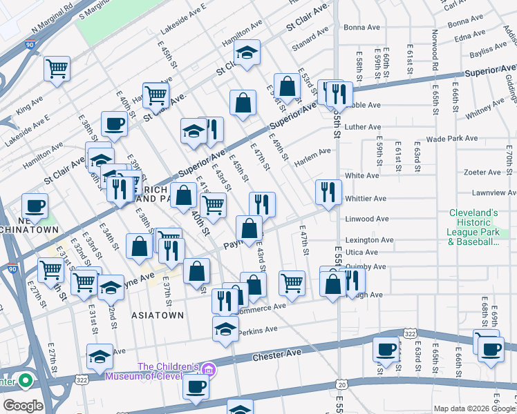 map of restaurants, bars, coffee shops, grocery stores, and more near 1604 East 45th Street in Cleveland