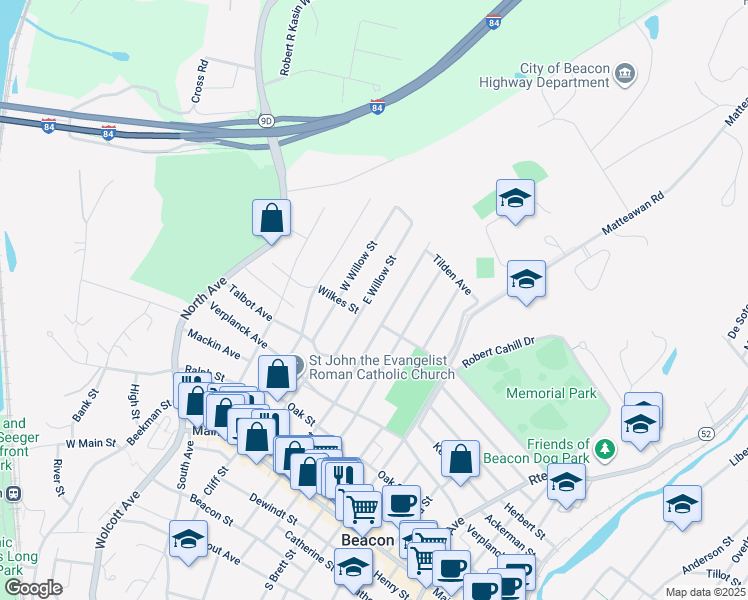 map of restaurants, bars, coffee shops, grocery stores, and more near 49 East Willow Street in Beacon