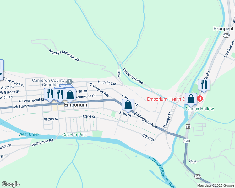 map of restaurants, bars, coffee shops, grocery stores, and more near 301-399 East 5th Saint Exd in Emporium