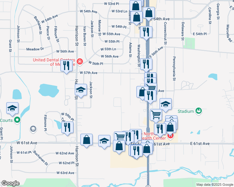 map of restaurants, bars, coffee shops, grocery stores, and more near 321 West 58th Place in Merrillville