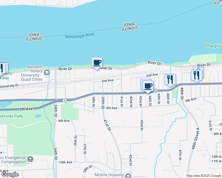 map of restaurants, bars, coffee shops, grocery stores, and more near 235 40th St in Moline