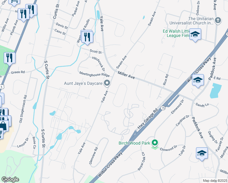 map of restaurants, bars, coffee shops, grocery stores, and more near 261 Evergreen Lane in Meriden