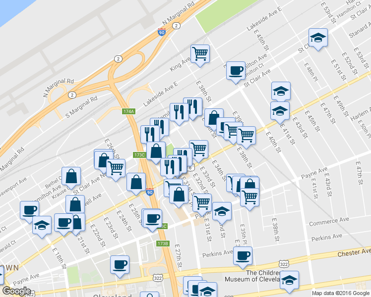 map of restaurants, bars, coffee shops, grocery stores, and more near 1410 East 33rd Street in Cleveland