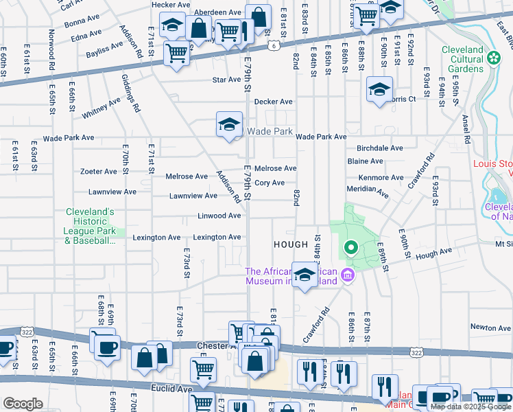 map of restaurants, bars, coffee shops, grocery stores, and more near 8008 Whitethorn Avenue in Cleveland