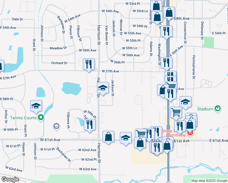 map of restaurants, bars, coffee shops, grocery stores, and more near 5825 Jackson Street in Merrillville