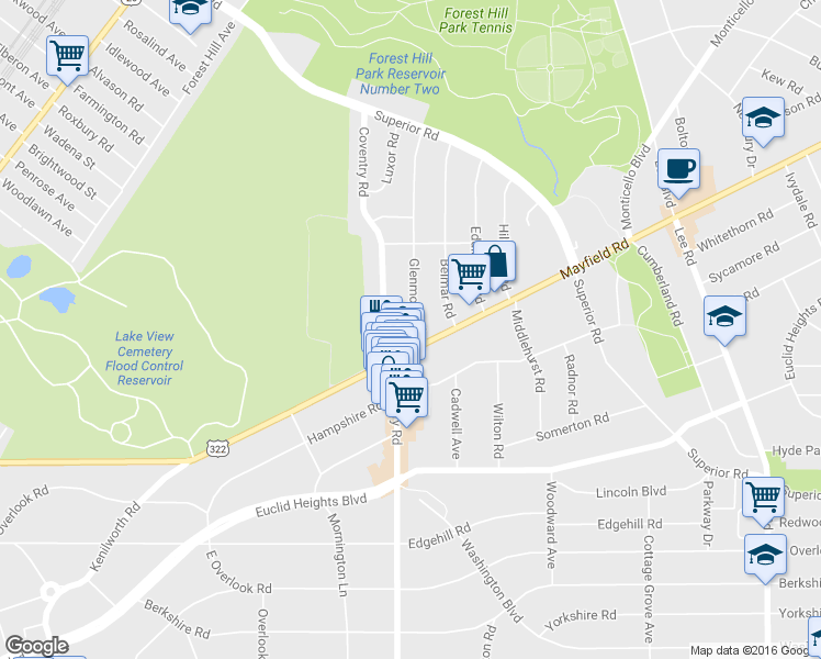 map of restaurants, bars, coffee shops, grocery stores, and more near 1718 Glenmont Road in Cleveland