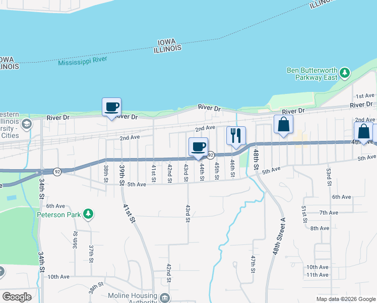 map of restaurants, bars, coffee shops, grocery stores, and more near 244 43rd Street in Moline