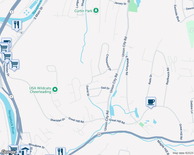 map of restaurants, bars, coffee shops, grocery stores, and more near 41 Pondview Drive in Naugatuck