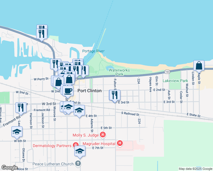 map of restaurants, bars, coffee shops, grocery stores, and more near 409 East 2nd Street in Port Clinton