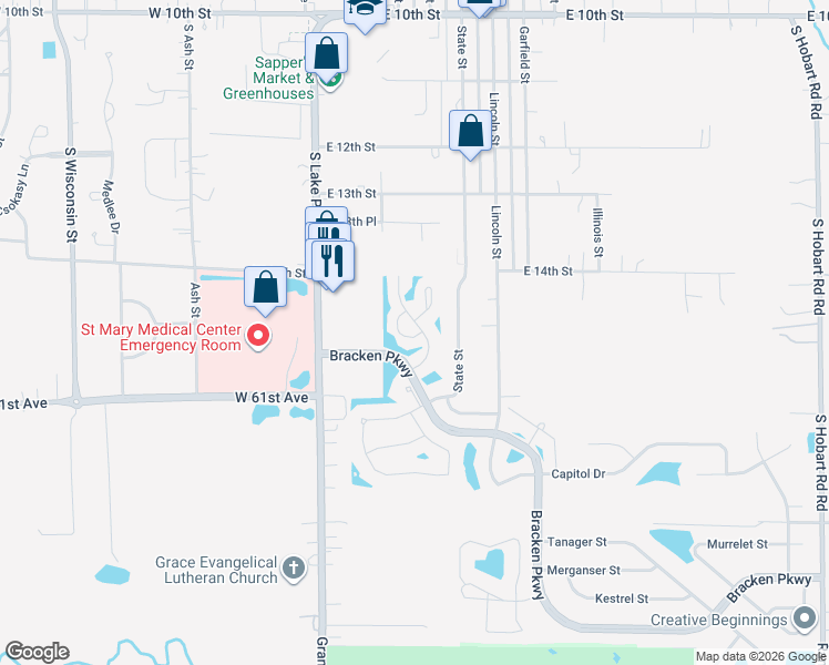 map of restaurants, bars, coffee shops, grocery stores, and more near 1500 Lake Street in Hobart