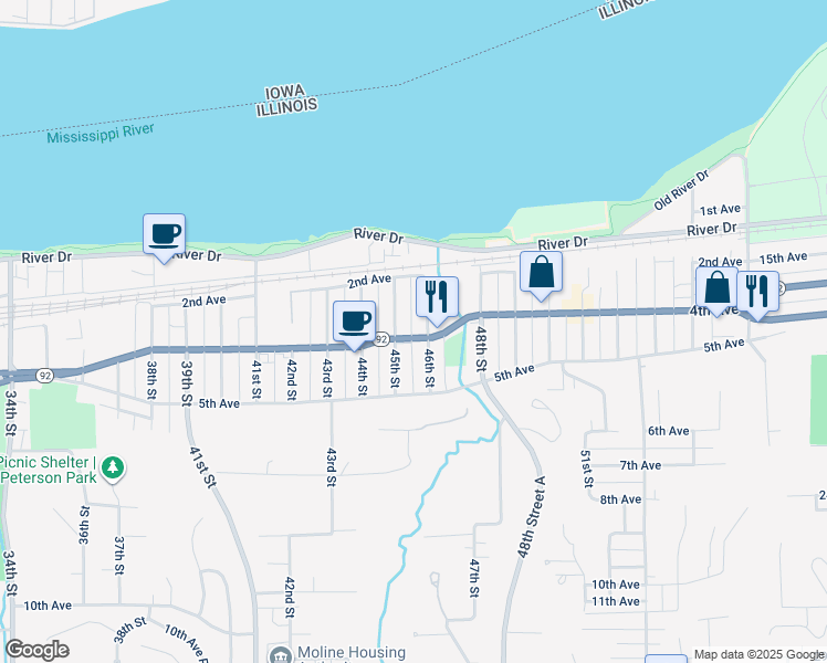 map of restaurants, bars, coffee shops, grocery stores, and more near 4519 4th Avenue in Moline