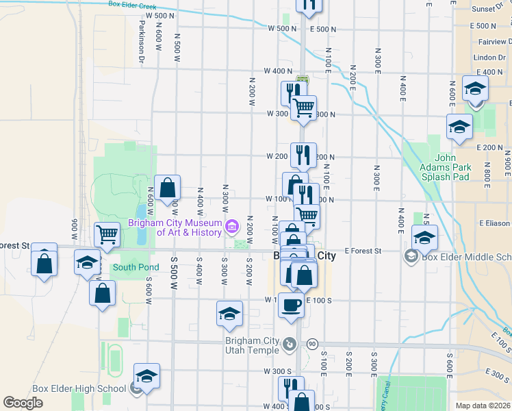map of restaurants, bars, coffee shops, grocery stores, and more near 86 North 200 West in Brigham City