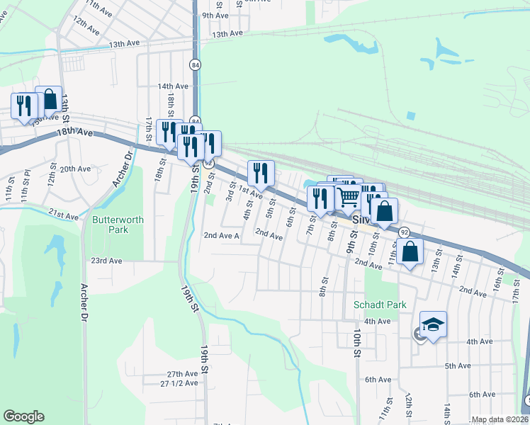 map of restaurants, bars, coffee shops, grocery stores, and more near 126 5th Street in Silvis
