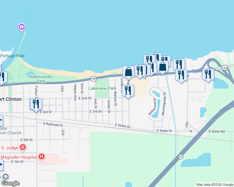 map of restaurants, bars, coffee shops, grocery stores, and more near 135 Walnut Street in Port Clinton