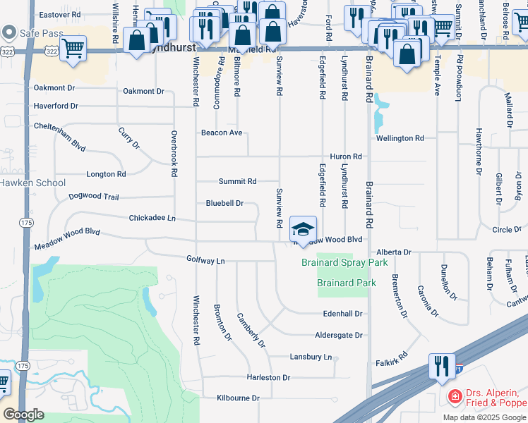 map of restaurants, bars, coffee shops, grocery stores, and more near 1735 Larkspur Drive in Lyndhurst
