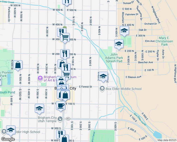 map of restaurants, bars, coffee shops, grocery stores, and more near 238 East 100 North in Brigham City