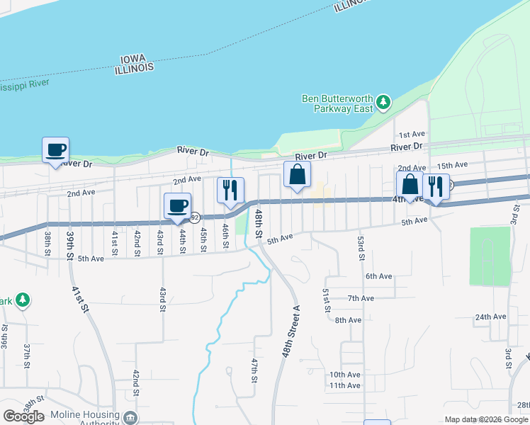 map of restaurants, bars, coffee shops, grocery stores, and more near 416 48th St in Moline