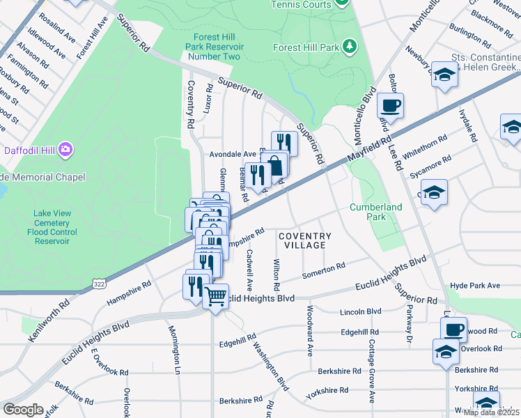 map of restaurants, bars, coffee shops, grocery stores, and more near 2876 Mayfield Road in Cleveland Heights