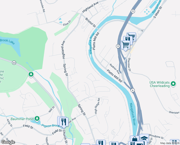 map of restaurants, bars, coffee shops, grocery stores, and more near 114 Thunderbird Drive in Naugatuck