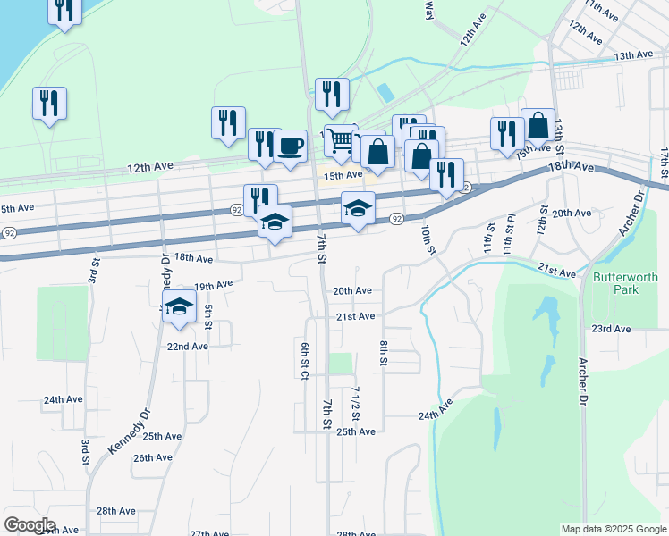 map of restaurants, bars, coffee shops, grocery stores, and more near 1800 7th Street in East Moline